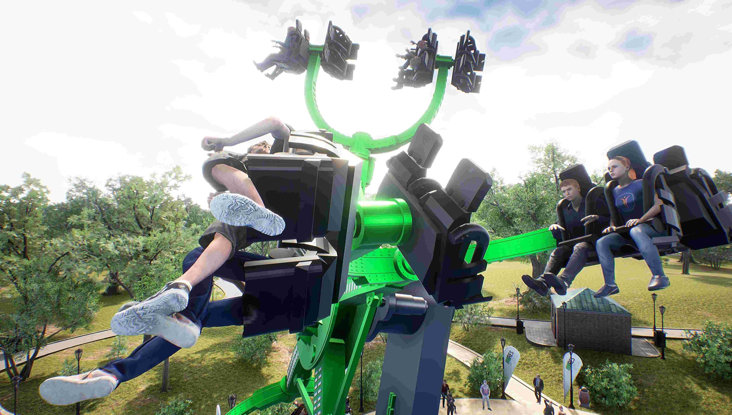 Close-up of children on the Pulsar ride while it is at the top.