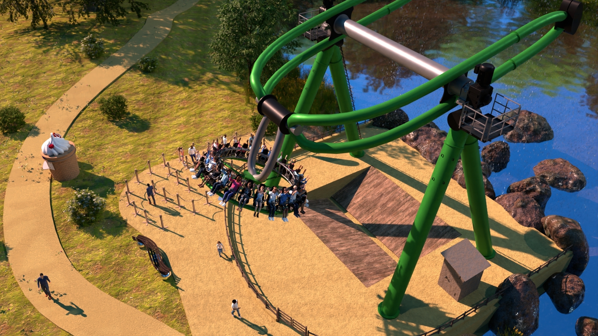 Disc Swing from above with a lake in the background.